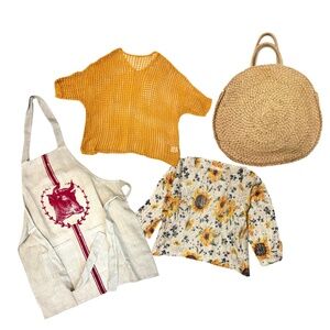 Provence set: linen apron, sunflower knit top,  yellow knit top, straw tote bag